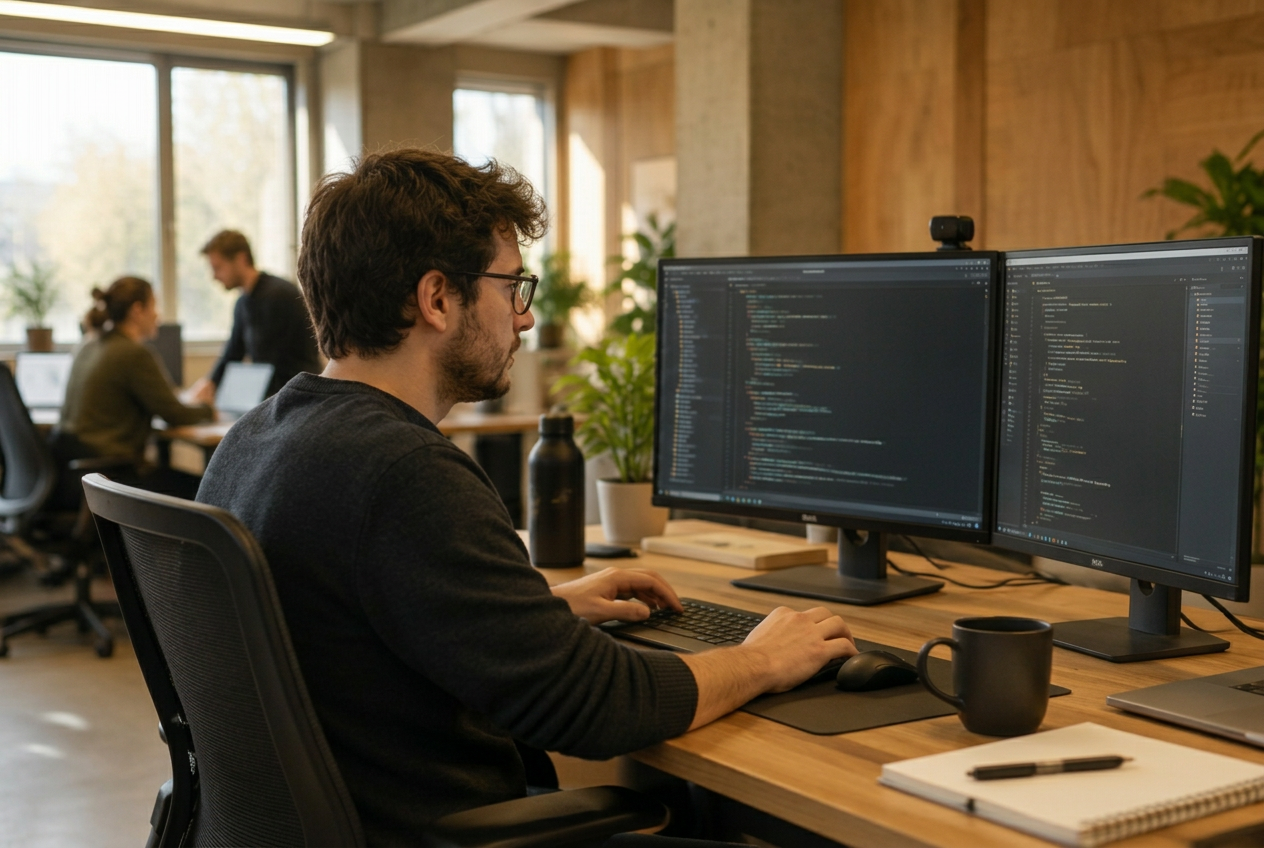 Software developer working in a contemporary tech office